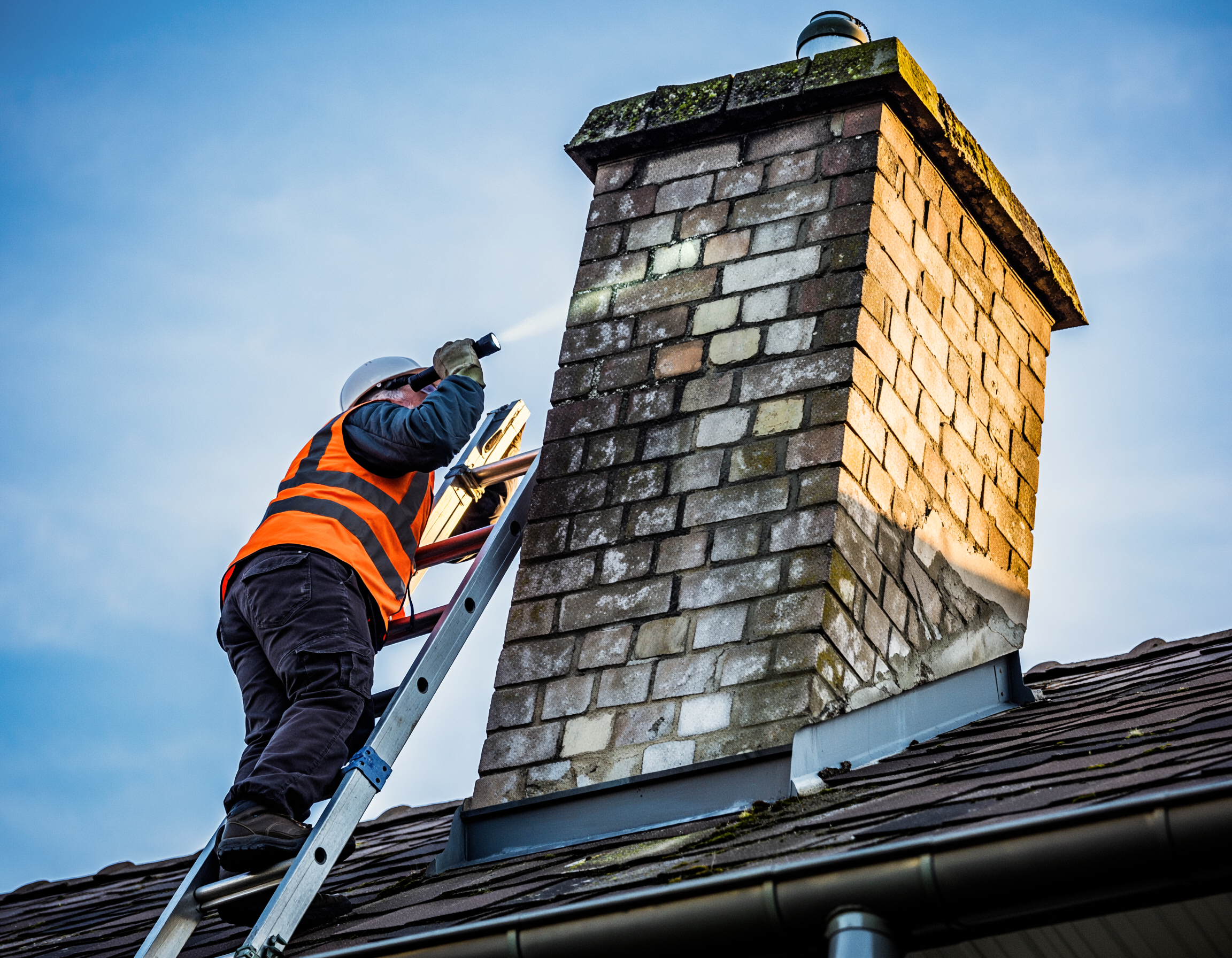 Chimney professional inspecting a chimney from a ladder